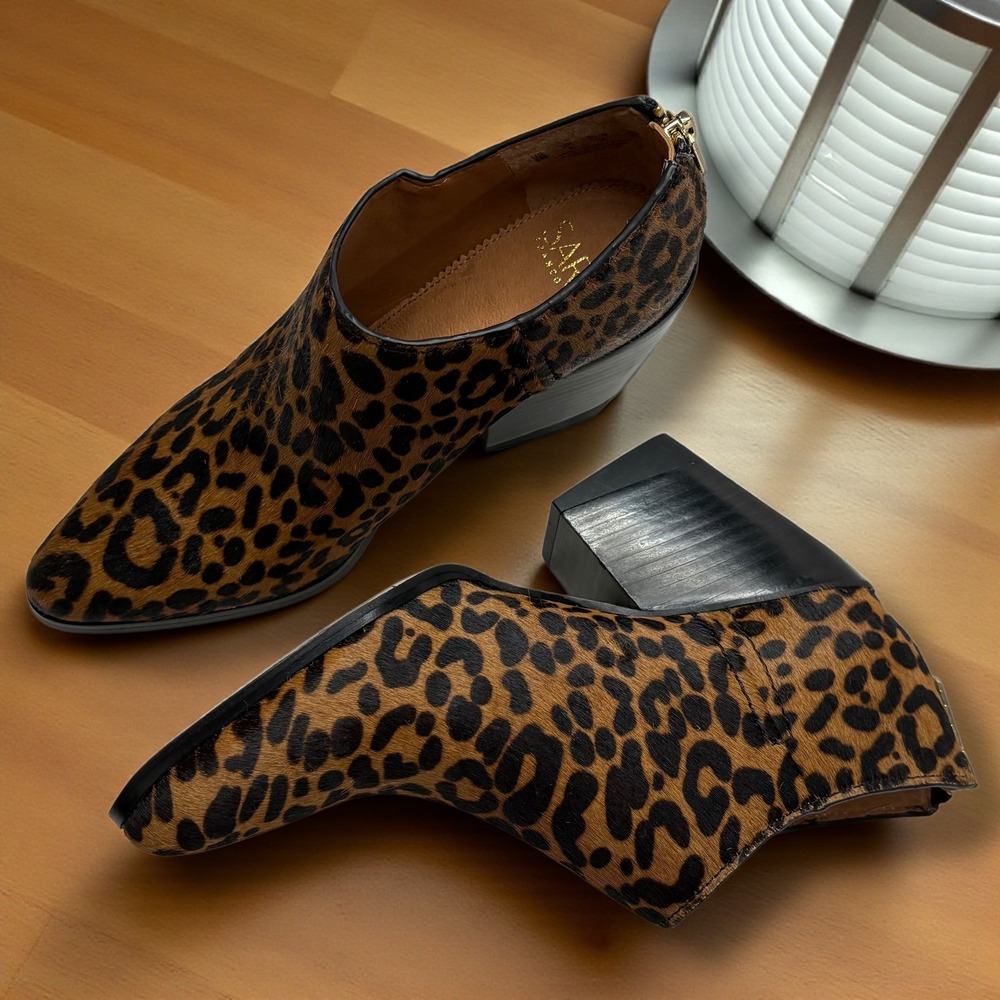 Franco‎ Sarto Leopard Print Calf Hair Ankle Boots Block Heel Zipper Women
